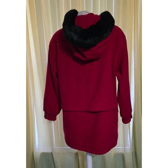vintage Donnybrook red wool coat hooded rabbit fur trim Red Jacket Size 6 - Picture 2 of 5